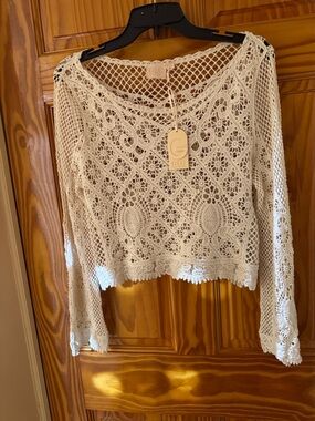 Cream Crochet Openwork Long-Sleeve Top